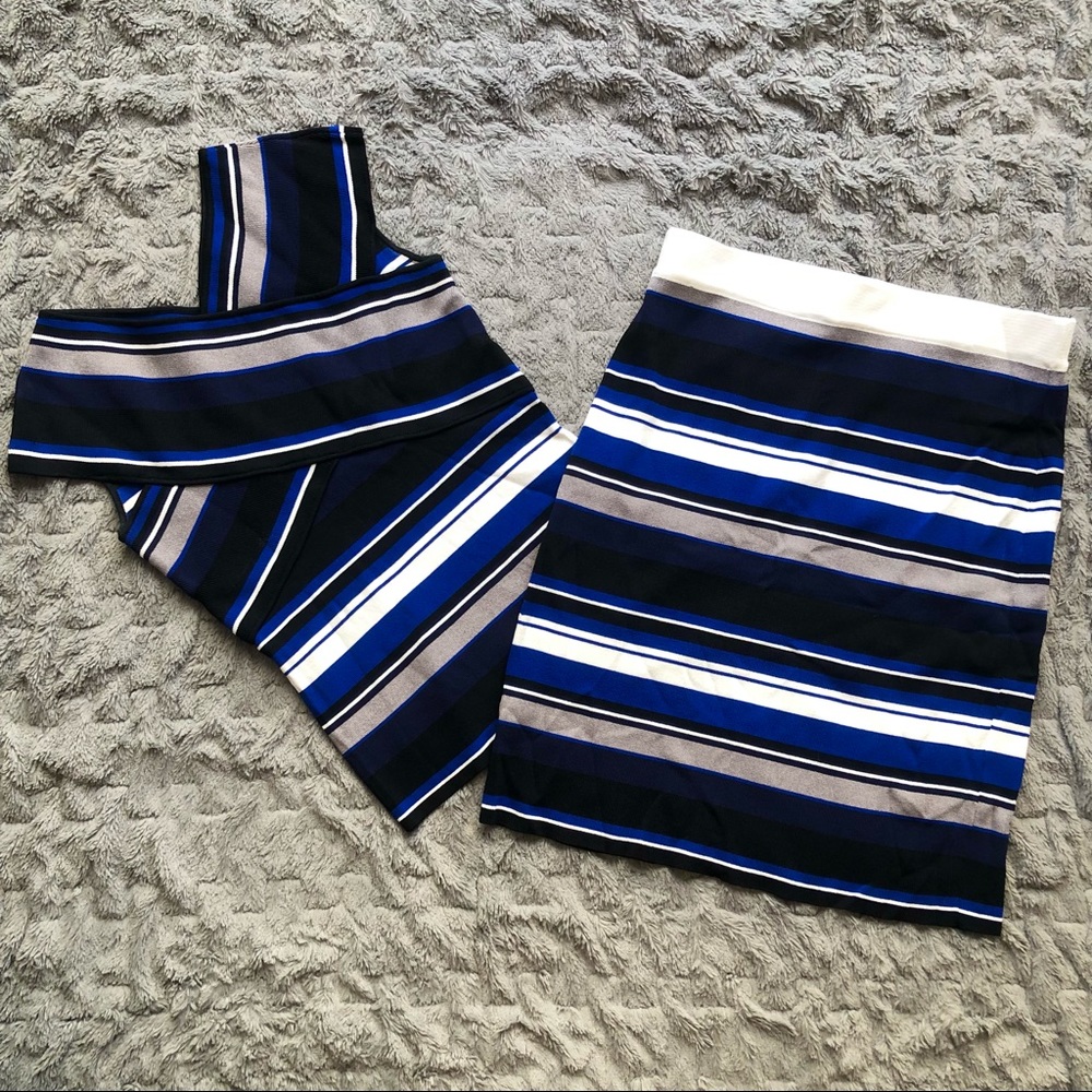 Ivanka Trump Blue and Grey Knit Striped Pencil Skirt and Top Set